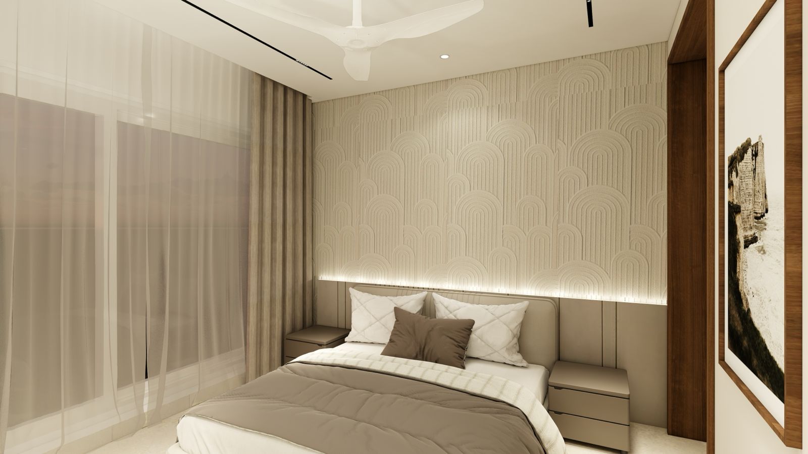 A styled living space with layered textiles and warm accent lighting.