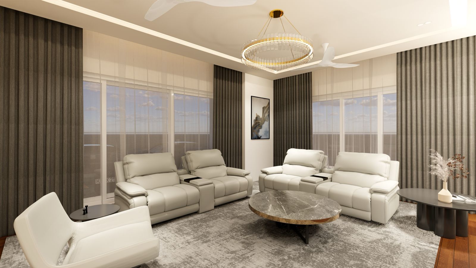 The same room, completed: the joinery, sofa and lighting exactly as drawn.